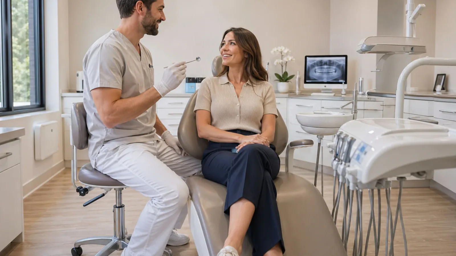 Dentista conversando com paciente antes do atendimento